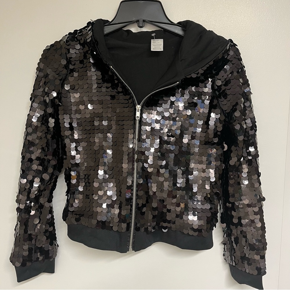 Black Sequin Zip Hoodie Jacket